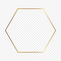 Gold glowing hexagon frame isolated. Shiny frame with glowing effects. Vector illustration.