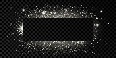 Silver rectangle frame with glitter, sparkles and flares. Empty luxury backdrop. Vector illustration.