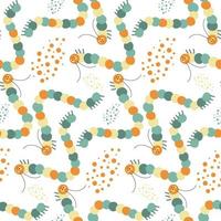 Seamless pattern with colorful caterpillars and dots. Children's background. vector