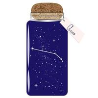 Glass jar with zodiac constellations Aries on the night sky. Collect moments. Jar with tag for horoscope vector