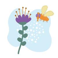 Drawn picture with a fly and a flower. Illustration for a sticker. Springtime. vector