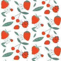 Seamless botanical pattern with hand drawn raspberries and strawberries, cherries and ladybugs. Abstract floral texture. Wrapping vector