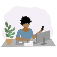 Distance learning at home. Work at a desk with a computer. Home office. Work with smartphone and desktop. Freelancer. Education