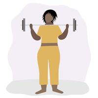 Fat plus size strong black barbell woman in cute sportswear. Workout. Sports at home. Exercises. vector