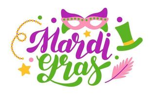 Mardi gras, gorgeous lettering written with elegant calligraphic font or script and decorated with masks, hat, feathers. vector