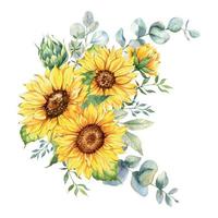 ramo de girasoles acuarela, ramos de girasol pintados a mano con vegetación, arreglo floral de girasol. elementos de imágenes prediseñadas de invitación de boda. acuarela floral. dibujo botánico. Fondo blanco. vector