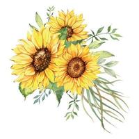 ramo de girasoles acuarela, ramos de girasol pintados a mano con vegetación, arreglo floral de girasol. elementos de imágenes prediseñadas de invitación de boda. acuarela floral. dibujo botánico. Fondo blanco. vector