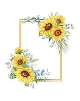 Geometric Floral Frames with Sunflowers and Leaves. Watercolor sunflower frame. White background. Watercolor floral. Botanical Drawing. vector