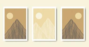 Trendy set of minimalist landscape abstract contemporary collage, mountains and sunset wall art poster design vector