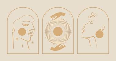 Set of vector linear boho emblems of black people. Bohemian logo design with african man and woman.