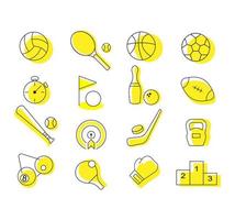 Sports set icons. Flat vector illustration in black on white background. EPS 10 ball weight tennis podium billiards rugby bowling baseball football basketball stopwatch