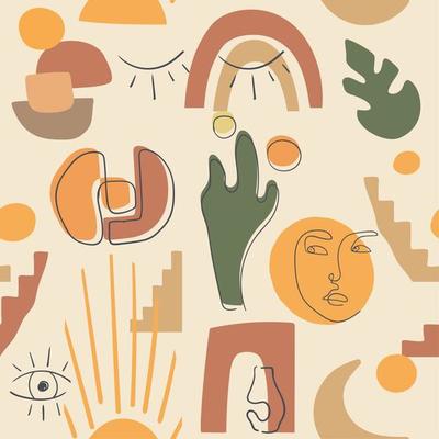 Modern minimalist abstract aesthetic pattern. Bohemian style. Fashionable template for design. Hand drawn pattern from various shapes and doodle objects