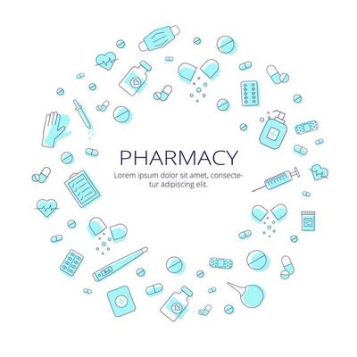 Pharmacy Signs Round Design Template Thin Line Icon Frame or Border Concept. Vector illustration of Medicine Service Ad