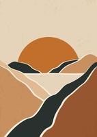 Terracota boho mountain landscape poster. Modern boho background with sun and mountains, minimalist wall decor. Vector a4 art print