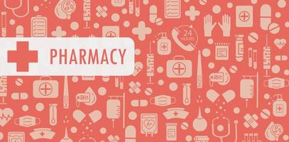 Pharmacy and medical banner with doodle background. Pills, tablets, medical equipment. Vector Illustration