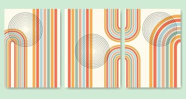 Rainbow and circles set in 50's style retro poster. Boho home decor of circles and lines in pastel colors. Arch wall art illustrations vector