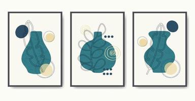 Abstract botanical poster set with pottery and leaves. Abstract modern, Minimal trendy art vector flat illustration. Poster print