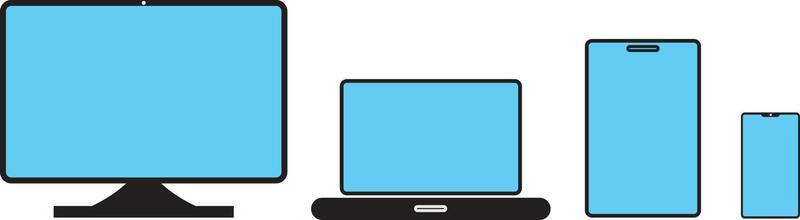 Mock up set of Desktop Computer, Laptop, Tablet and Smartphone realistic style mockup device set icons for user interface applications and responsive web design with a blue screen.
