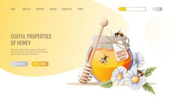 Honey products. Jar of honey, bees. Honey shop webpage design template. Vector illustration for banner, advertisement, web page, cover.