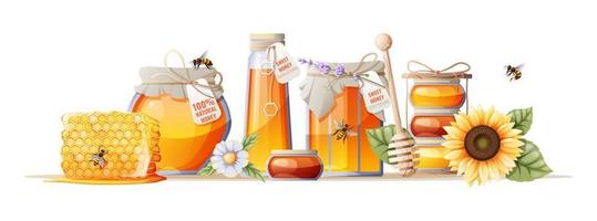 Honey products, natural organic product. Vector illustration of jars of honey, honeycomb, sunflower, wooden spoon. Healthy food