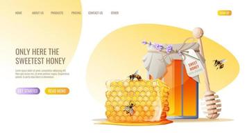 Honey products. Honey jar, honeycomb, bees. Honey shop webpage design template. Vector illustration for banner, advertisement, web page, cover