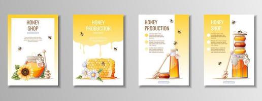 conjunto de diseño de volantes, banner publicitario con un producto natural útil: miel. tienda de miel, productos saludables y dulces. ilustración vectorial del afiche en tamaño a4 para volante, pancarta, postal, afiche, etc. vector