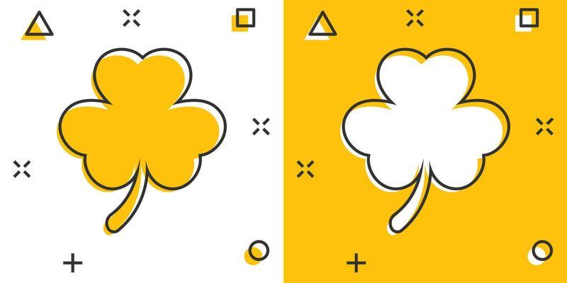 Four leaf clover icon in comic style. St Patricks Day cartoon vector illustration on white isolated background. Flower shape splash effect business concept.