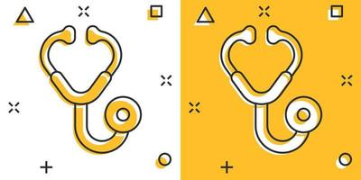 Stethoscope icon in comic style. Heart diagnostic cartoon vector illustration on isolated background. Medicine splash effect sign business concept.