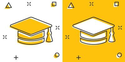 icono de sombrero de graduación en estilo cómico. ilustración de vector de dibujos animados de gorra de estudiante sobre fondo blanco aislado. concepto de negocio de efecto splash universitario.