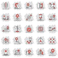 Navigation icon set in comic style. Gps direction cartoon vector illustration on white isolated background. Locate pin position splash effect business concept.