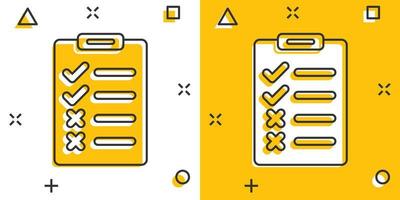 icono de lista de verificación de documentos en estilo cómico. informar ilustración vectorial de dibujos animados sobre fondo blanco aislado. concepto de negocio de efecto de salpicadura de hoja de papel. vector