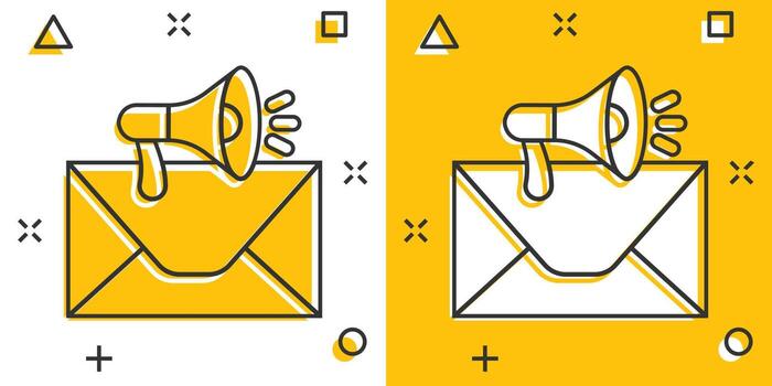 Envelope notification icon in comic style. Email with speaker cartoon vector illustration on white isolated background. Receive mail message splash effect business concept.