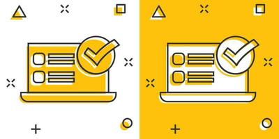 icono de marca de verificación portátil en estilo cómico. ilustración de vector de dibujos animados de aprobación de computadora sobre fondo blanco aislado. confirme el concepto de negocio de efecto de salpicadura.