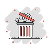 icono de cubo de basura en estilo cómico. reciclar ilustración vectorial de dibujos animados sobre fondo blanco aislado. Concepto de negocio de signo de efecto de salpicadura de cesta de basura. vector