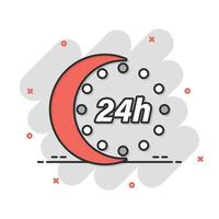 24 hours clock icon in comic style. Timer countdown cartoon vector illustration on isolated background. Time measure splash effect sign business concept.