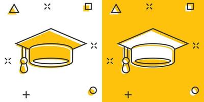 icono de sombrero de graduación en estilo cómico. ilustración de vector de dibujos animados de gorra de estudiante sobre fondo blanco aislado. concepto de negocio de efecto splash universitario.