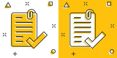 Approved document icon in comic style. Authorize cartoon vector illustration on white isolated background. Agreement check mark splash effect business concept.