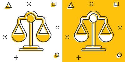 Scale balance icon in comic style. Justice cartoon vector illustration on white isolated background. Judgment splash effect business concept.