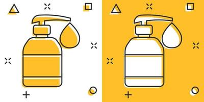 Hand sanitizer icon in comic style. Antiseptic bottle cartoon vector illustration on isolated background. Disinfect gel splash effect sign business concept.