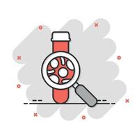 Blood test tube icon in comic style. Hematology cartoon vector illustration on isolated background. Laboratory flask splash effect sign business concept.