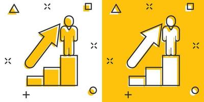 personas con icono de flecha de crecimiento en estilo cómico. ilustración de vector de dibujos animados de estrategia de trabajo sobre fondo blanco aislado. concepto de negocio de efecto de salpicadura de entrenamiento de oficina.