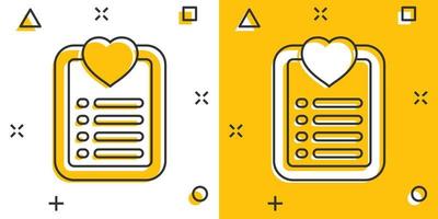 Wishlist icon in comic style. Like document cartoon vector illustration on white isolated background. Favorite list splash effect business concept.
