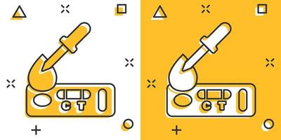 icono de prueba de coronavirus en estilo cómico. covid-19 ilustración vectorial de dibujos animados sobre fondo aislado. concepto de negocio de signo de efecto de salpicadura de diagnóstico médico. vector