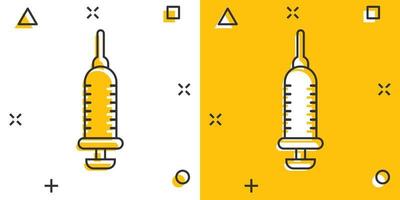 icono de jeringa en estilo cómico. Inyectar ilustración de vector de dibujos animados de aguja sobre fondo blanco aislado. concepto de negocio de efecto de salpicadura de dosis de droga.