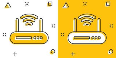 icono de enrutador wifi en estilo cómico. ilustración vectorial de dibujos animados de banda ancha sobre fondo blanco aislado. concepto de negocio de efecto de salpicadura de conexión a Internet. vector