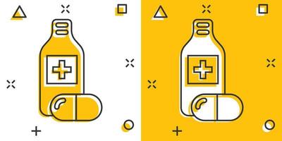 icono de botella de píldora en estilo cómico. ilustración de vector de dibujos animados de drogas sobre fondo blanco aislado. concepto de negocio de efecto de salpicadura de farmacia.