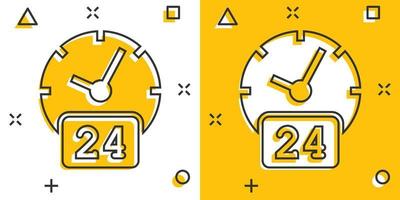 icono de reloj 24 7 en estilo cómico. ver ilustración de vector de dibujos animados sobre fondo blanco aislado. concepto de negocio de efecto de salpicadura de temporizador.