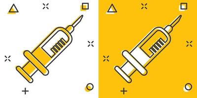 Syringe icon in comic style. Coronavirus vaccine inject cartoon vector illustration on isolated background. Covid-19 vaccination splash effect sign business concept.