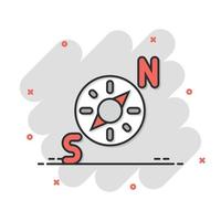 Compass icon in comic style. Navigation equipment cartoon vector illustration on white isolated background. Journey direction splash effect business concept.