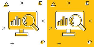 icono de análisis de sitios web en estilo cómico. ilustración vectorial de dibujos animados de datos seo sobre fondo blanco aislado. concepto de negocio de efecto de salpicadura de diagrama de computadora. vector